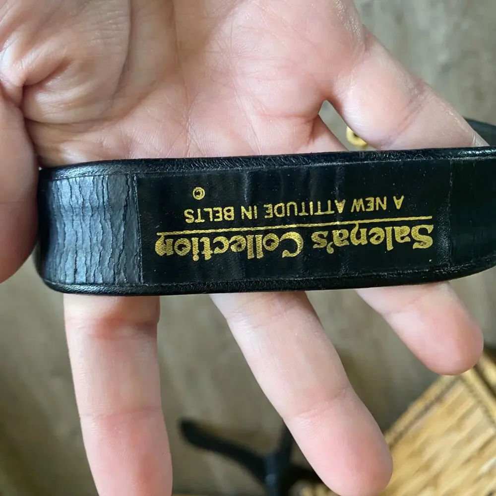 Salena’s Collection Black Leather Belt w/ Textured Gold Buckle, Western Boho